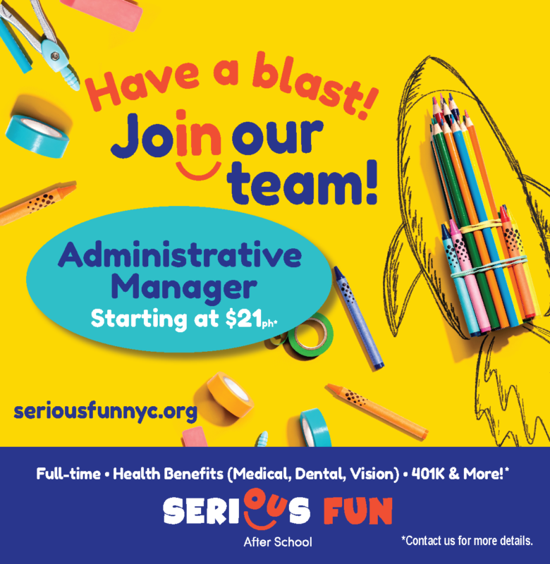 An image with a drawing of a rocket ship, saying have a blast and join our team, administrative manager starting at 21/hr