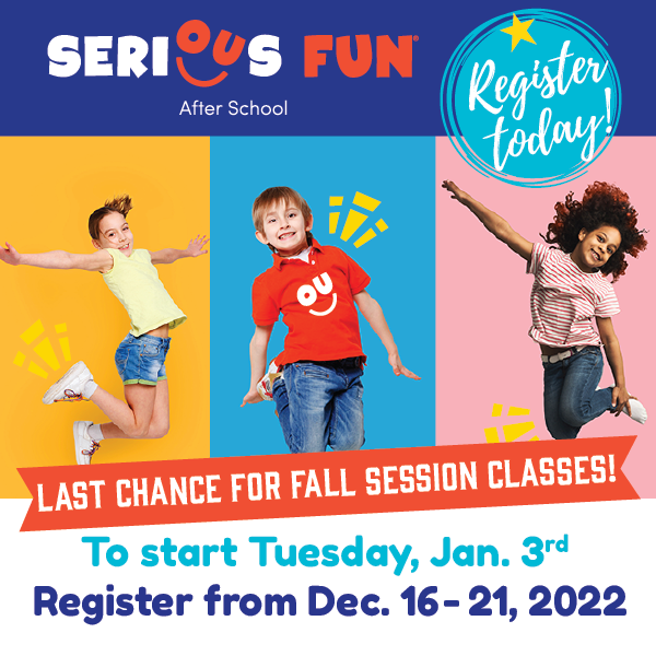 Image of three happy children with the text saying last chance for fall session classes. To start January 3rd, register from December 16th to the 21st 2022